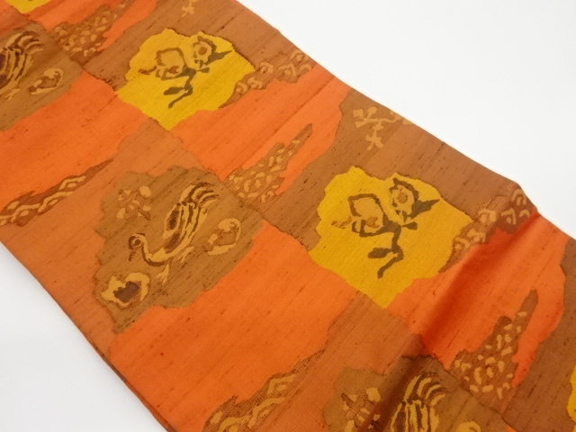 JAPANESE KIMONO / VINTAGE NAGOYA OBI / TSUMUGI / WOVEN ABSTRACT FLOWER WITH BIRDS